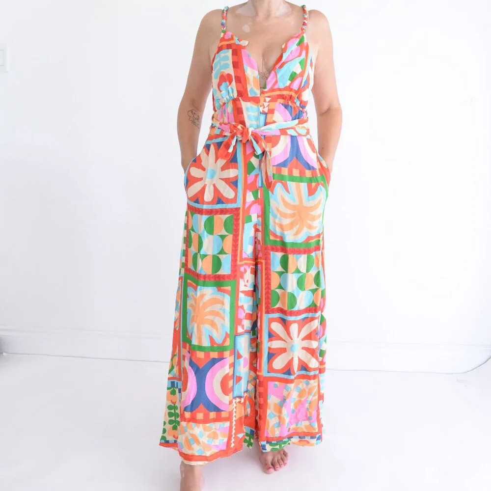 Anthropologie Farm Rio Cutout Halter Jumpsuit Red Floral Boho S